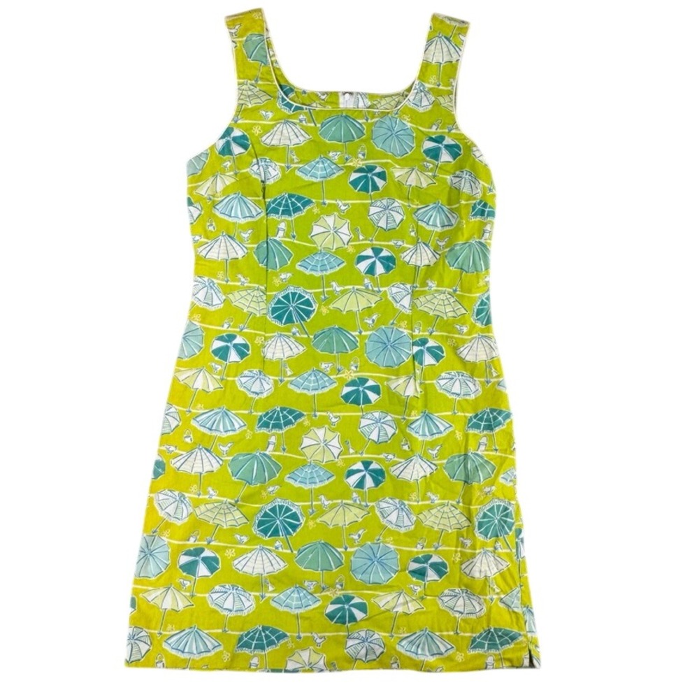 Lilly Pulitzer Lime Green Beach Umbrella Print Cotton Shift Dress Sleeveless